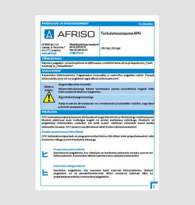 AFRISO Tsirkulatsioonipump APH paigaldus- ja kasutusjuhend