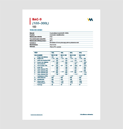 Soojussalvesti BAC-0 (100–300L) tehnilised andmed
