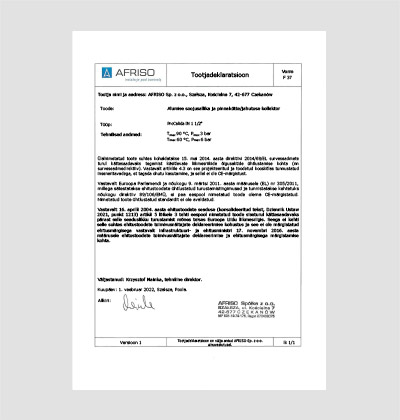 Afriso ProCalida kollektor IN 1 1/2″ vastavusdeklaratsioon