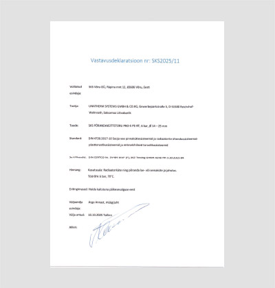 SKS põrandaküttetoru PRO-5 PE-RT vastavusdeklaratsioon